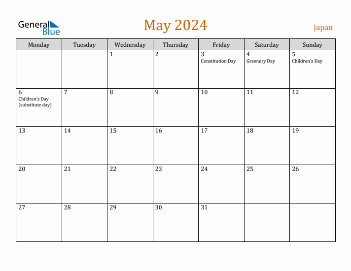 May 2024 Holiday Calendar with Monday Start