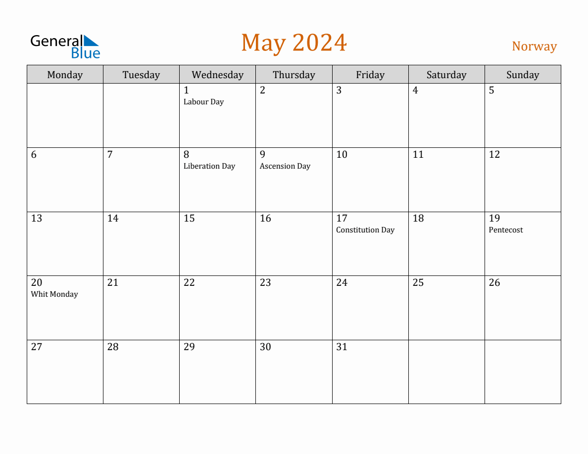 Free May 2024 Norway Calendar