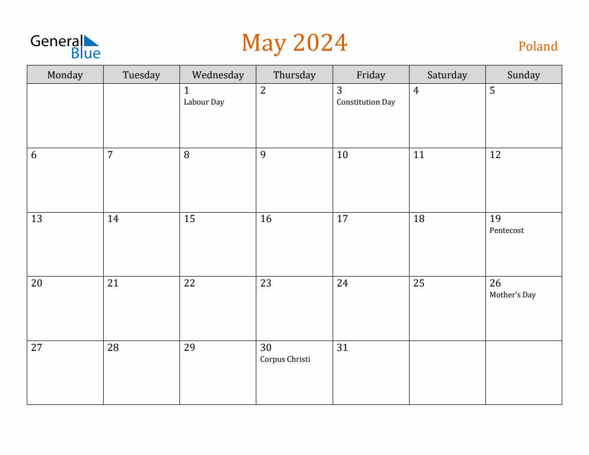 Free May 2024 Poland Calendar
