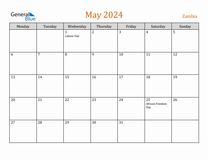 May 2024 Zambia Monthly Calendar with Holidays