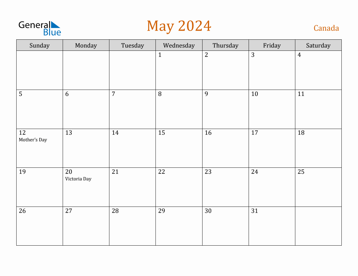 Free May 2024 Canada Calendar