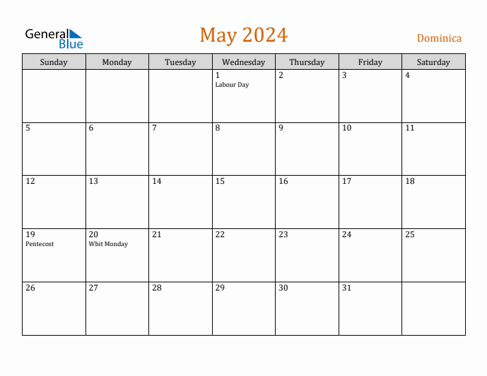 May 2024 Calendar with Dominica Holidays
