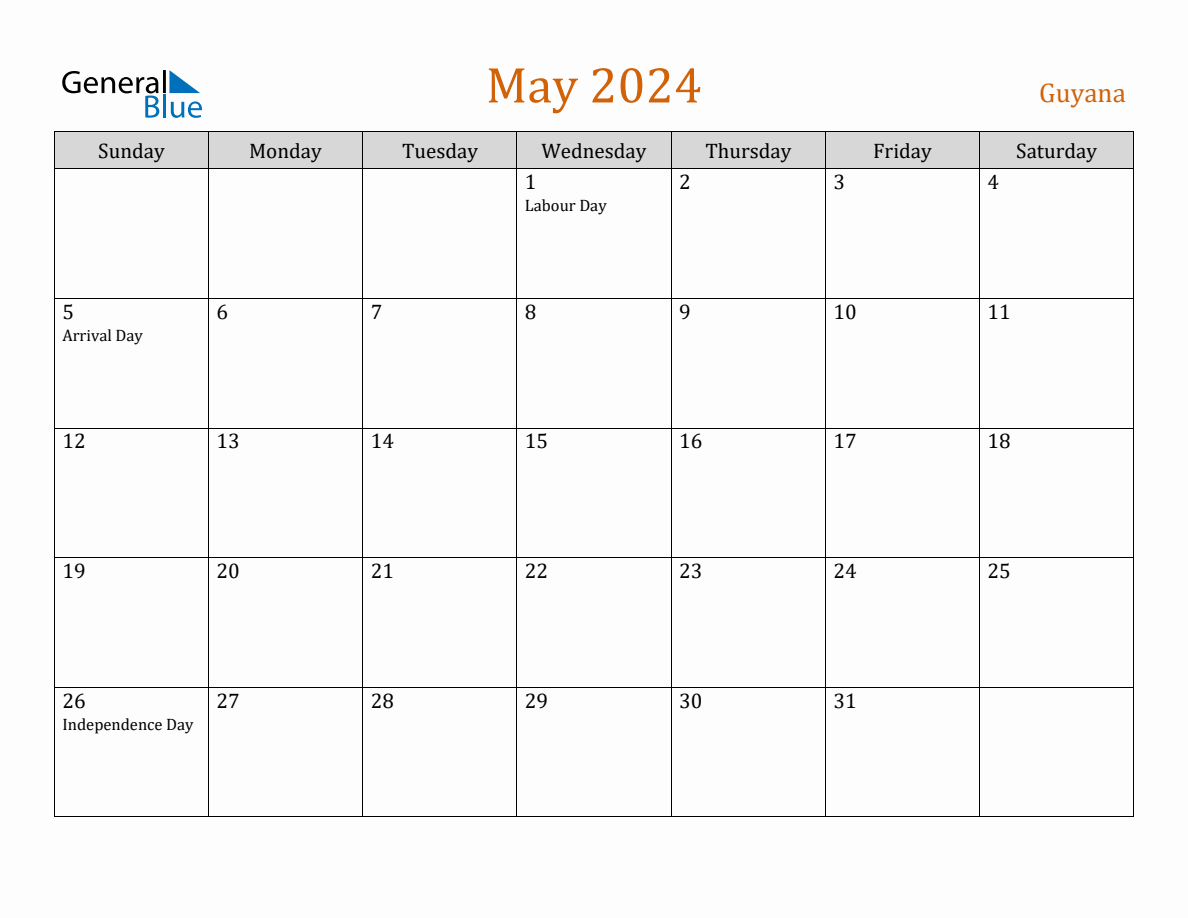 Free May 2024 Guyana Calendar