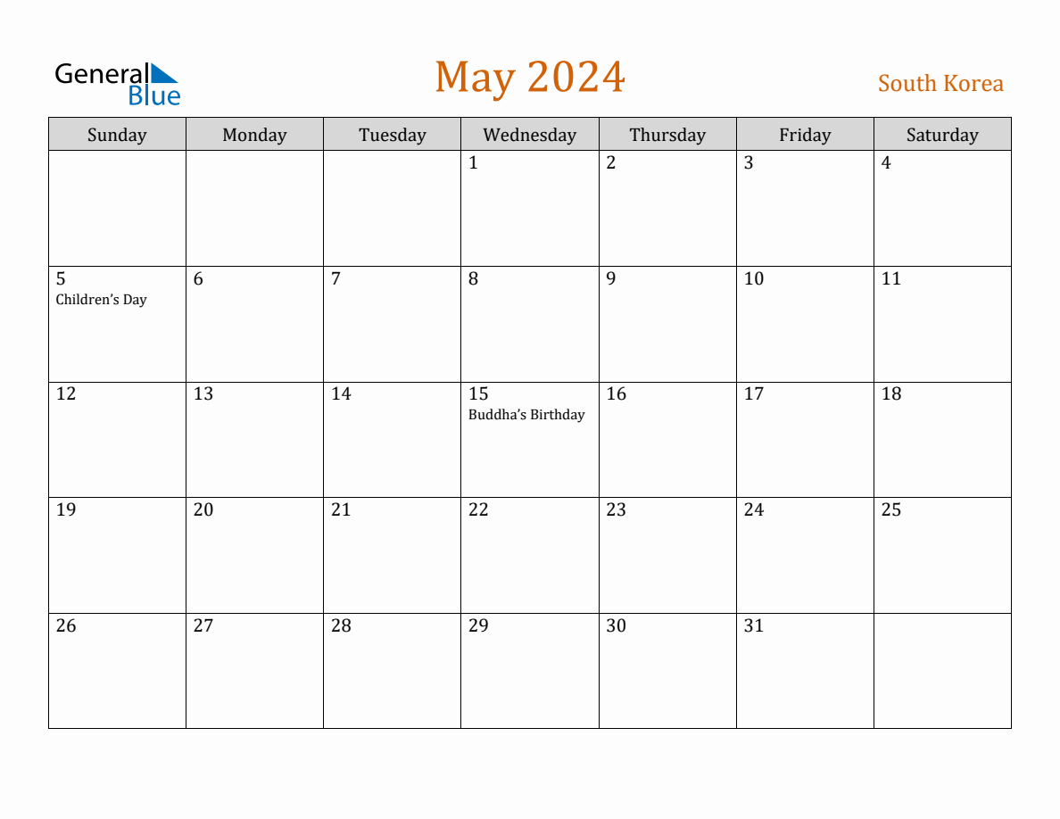 Free May 2024 South Korea Calendar