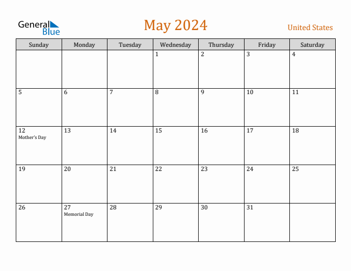 May 2024 Monthly Calendar with United States Holidays