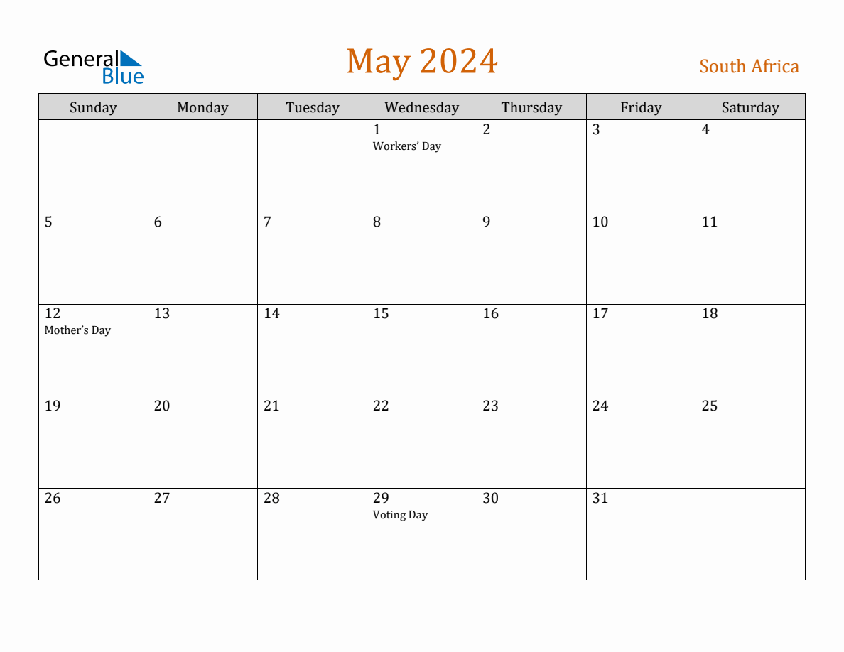 Free May 2024 South Africa Calendar