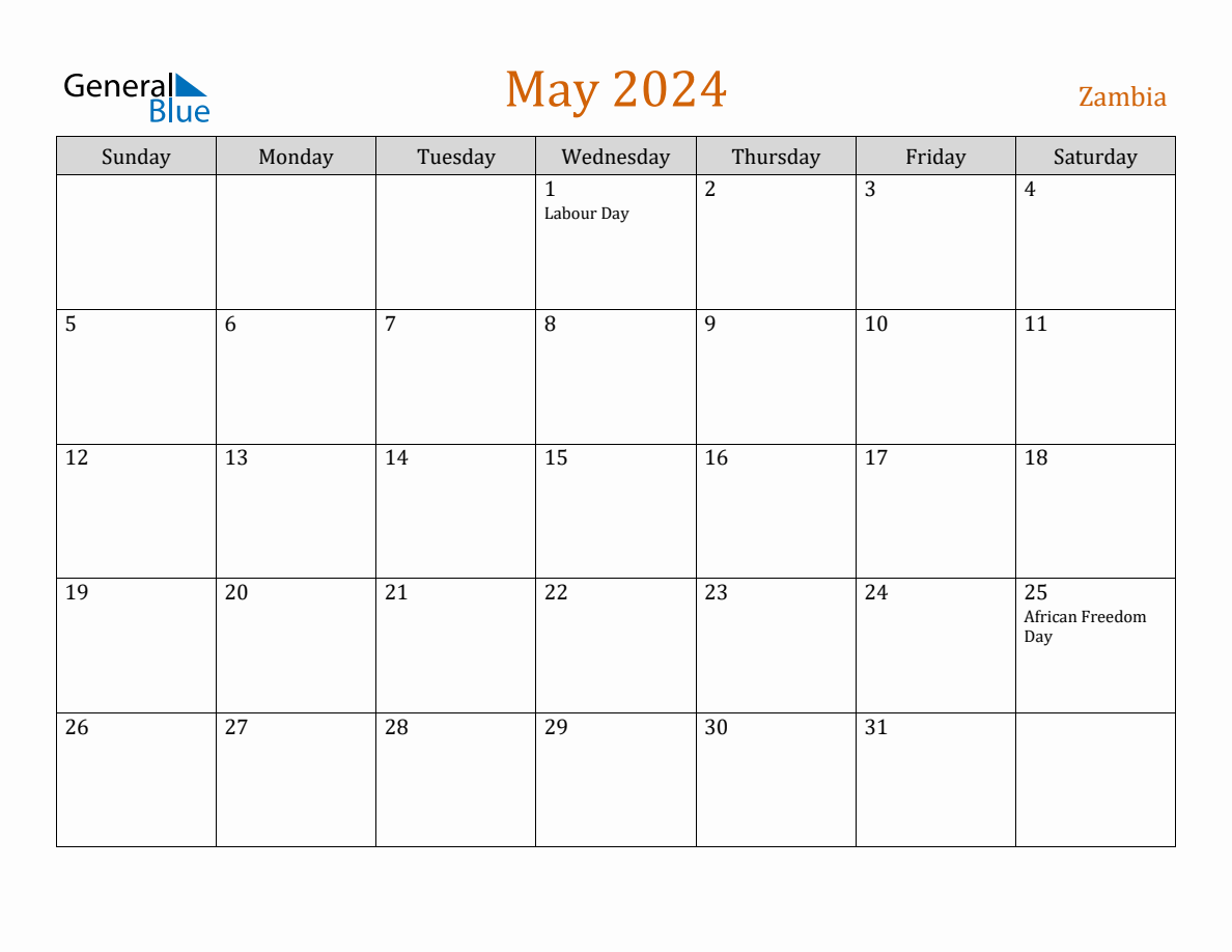 Free May 2024 Zambia Calendar