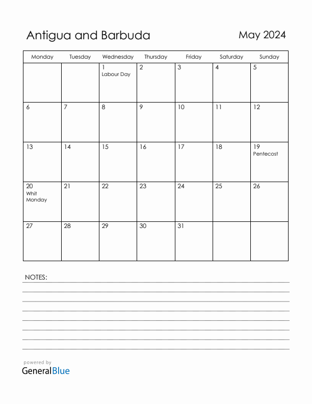 May 2024 Antigua and Barbuda Calendar with Holidays (Monday Start)