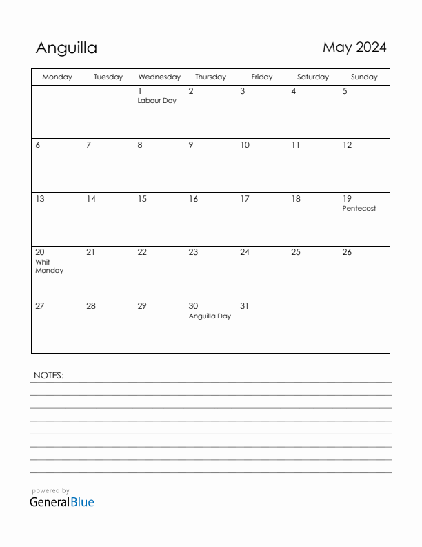 May 2024 Anguilla Calendar with Holidays (Monday Start)