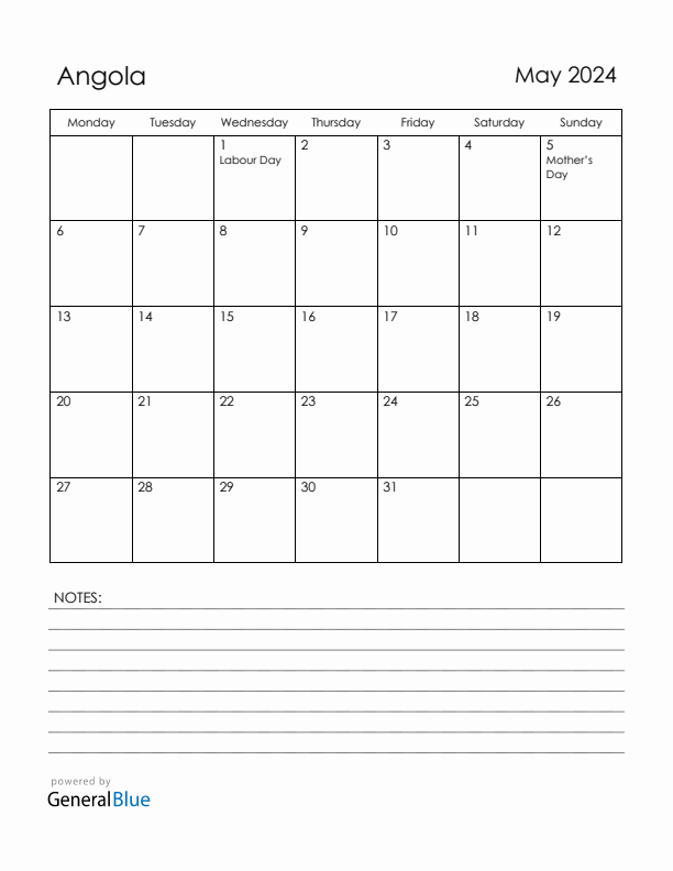 May 2024 Angola Calendar with Holidays (Monday Start)
