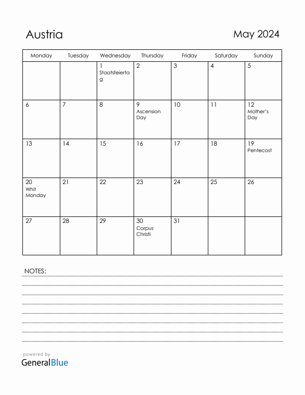 May 2024 Austria Calendar with Holidays (Monday Start)