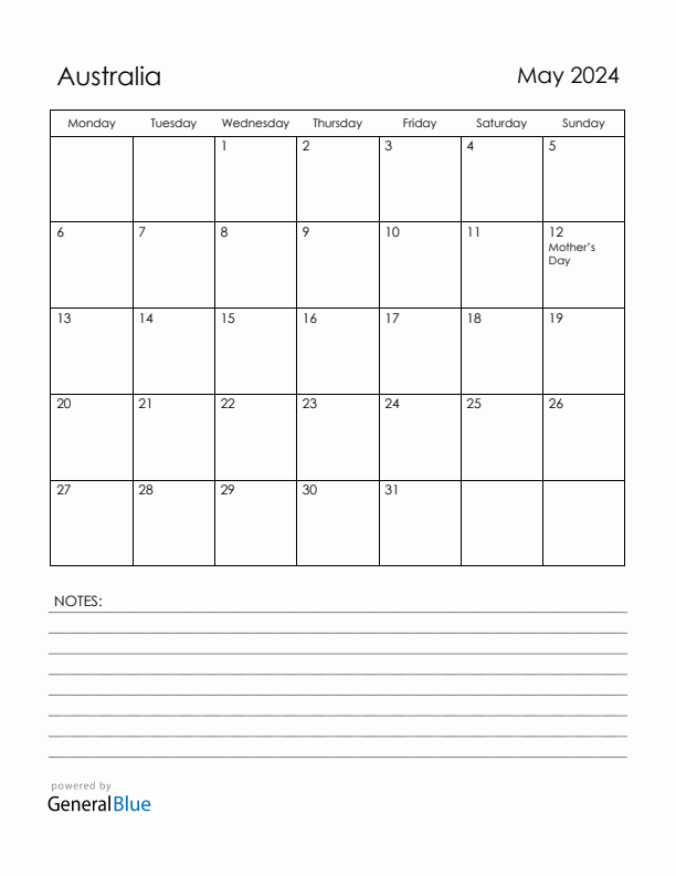 May 2024 Australia Calendar with Holidays (Monday Start)