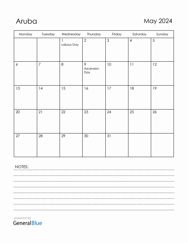 May 2024 Aruba Calendar with Holidays (Monday Start)