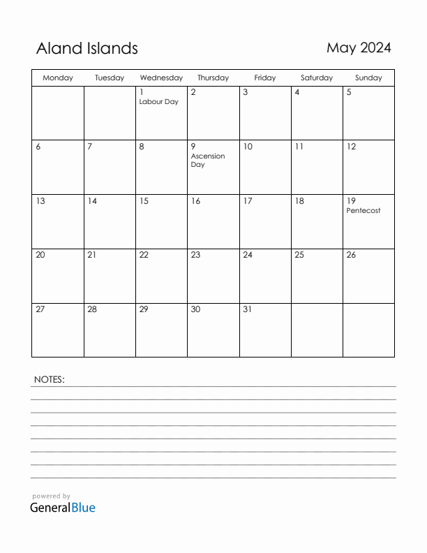 May 2024 Aland Islands Calendar with Holidays (Monday Start)