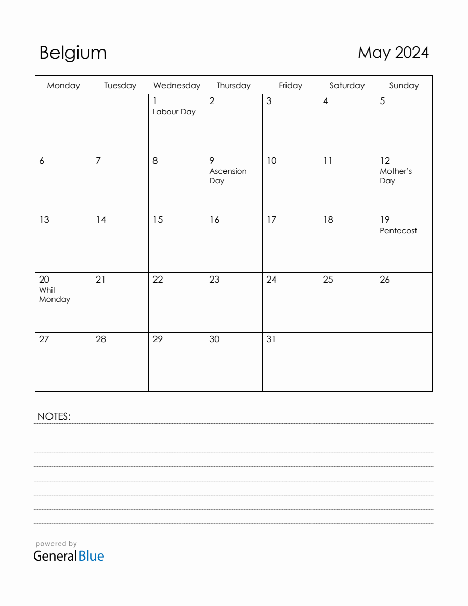 May 2024 Belgium Calendar with Holidays