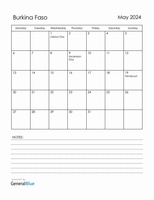 May 2024 Burkina Faso Calendar with Holidays (Monday Start)
