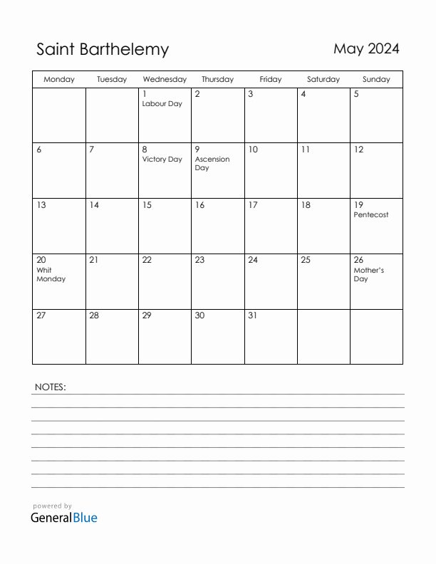 May 2024 Saint Barthelemy Calendar with Holidays (Monday Start)