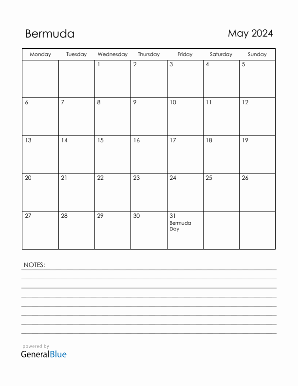 May 2024 Bermuda Calendar with Holidays (Monday Start)