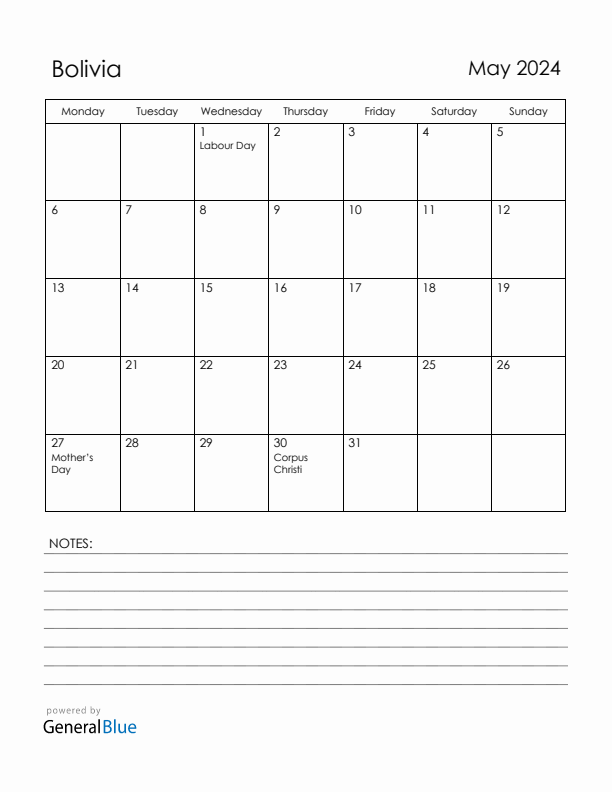 May 2024 Bolivia Calendar with Holidays (Monday Start)