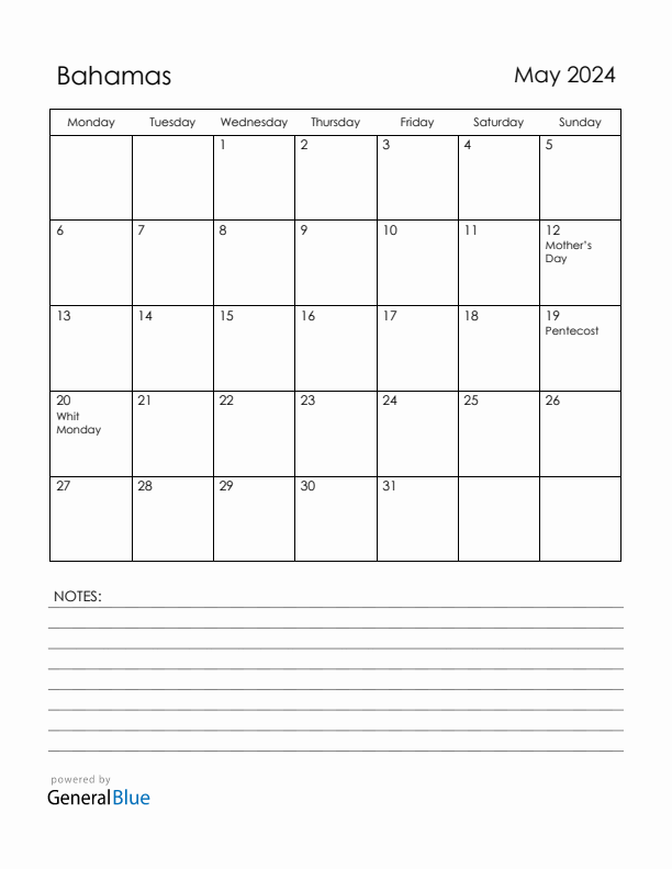 May 2024 Bahamas Calendar with Holidays (Monday Start)