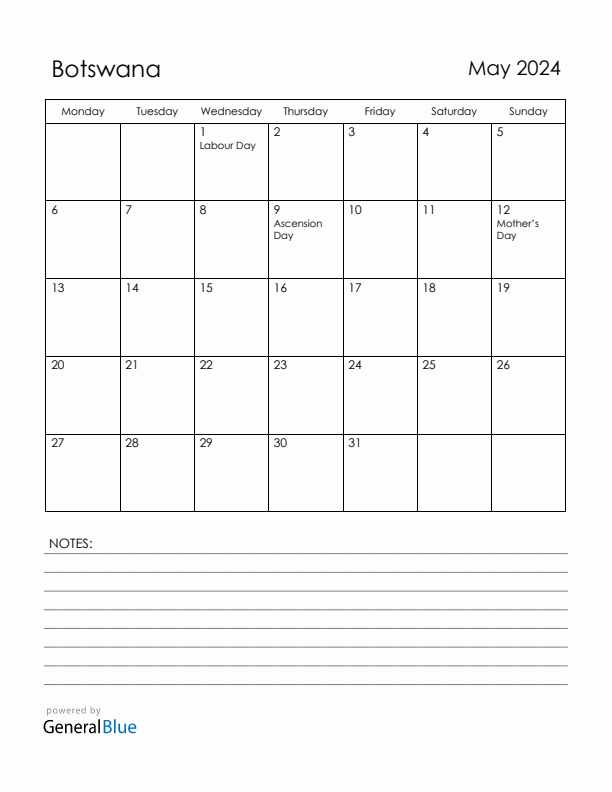 May 2024 Botswana Calendar with Holidays (Monday Start)