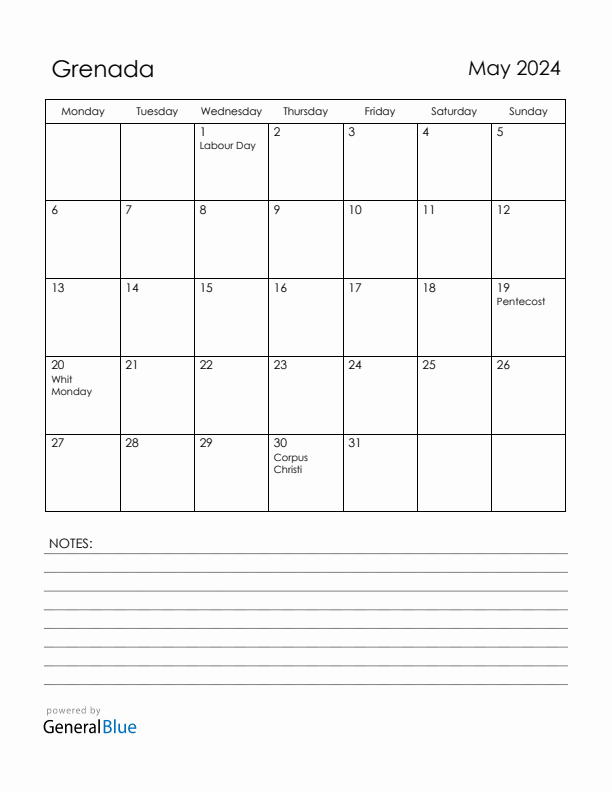 May 2024 Grenada Calendar with Holidays (Monday Start)