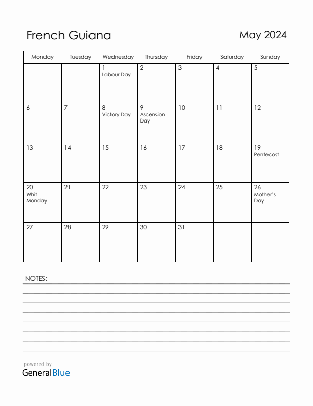 May 2024 French Guiana Calendar with Holidays (Monday Start)