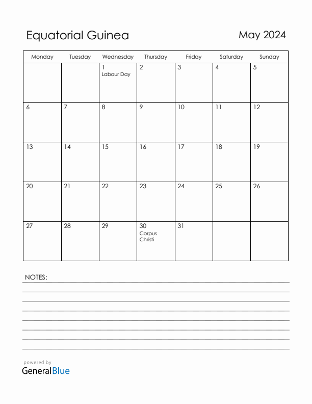 May 2024 Equatorial Guinea Calendar with Holidays (Monday Start)