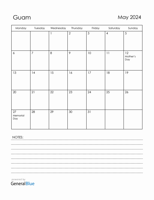 May 2024 Guam Calendar with Holidays (Monday Start)