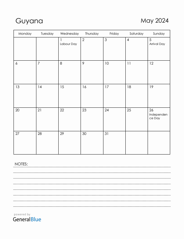 May 2024 Guyana Calendar with Holidays (Monday Start)