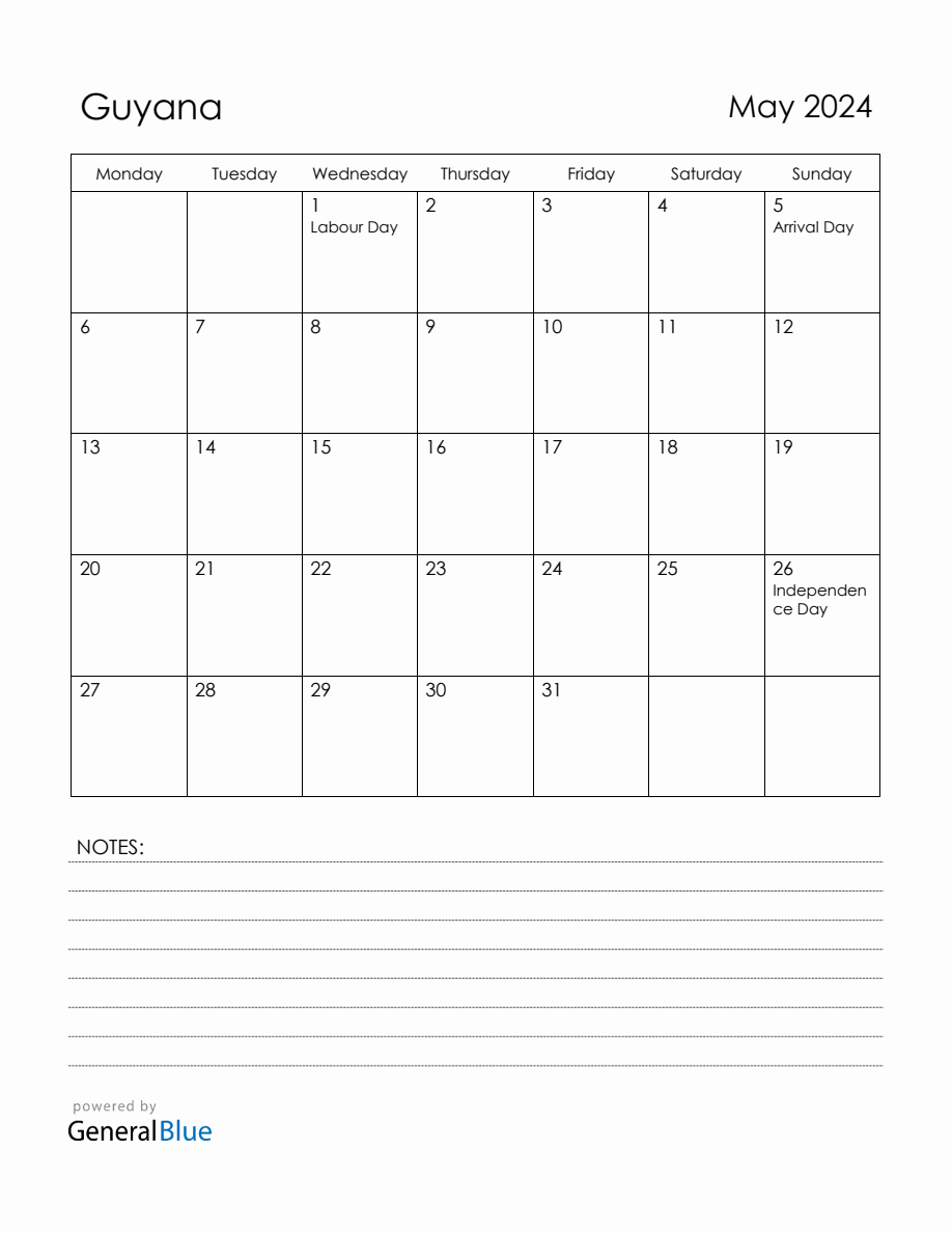May 2024 Guyana Calendar with Holidays