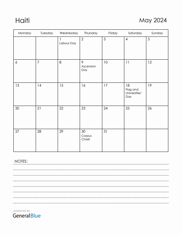 May 2024 Haiti Calendar with Holidays (Monday Start)