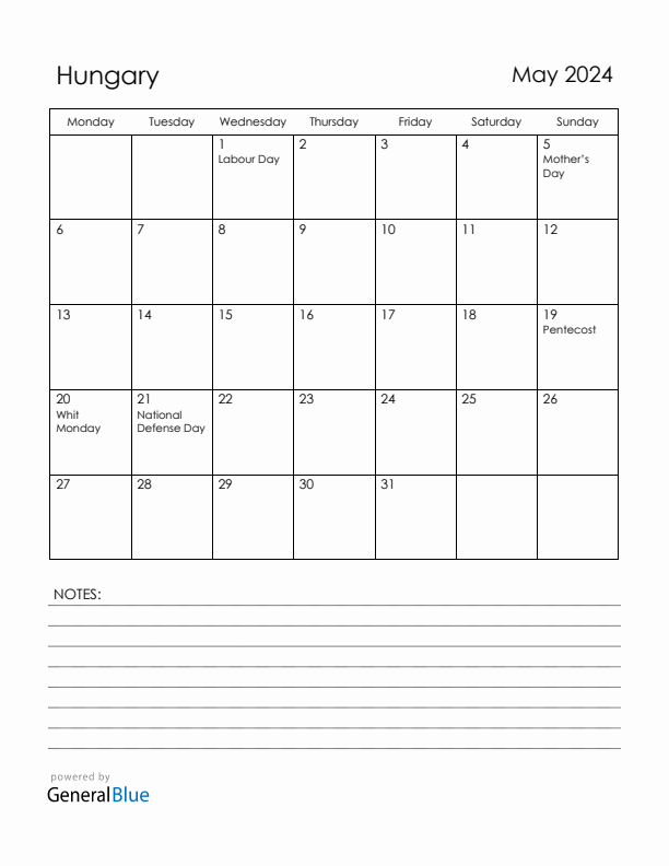 May 2024 Hungary Calendar with Holidays (Monday Start)
