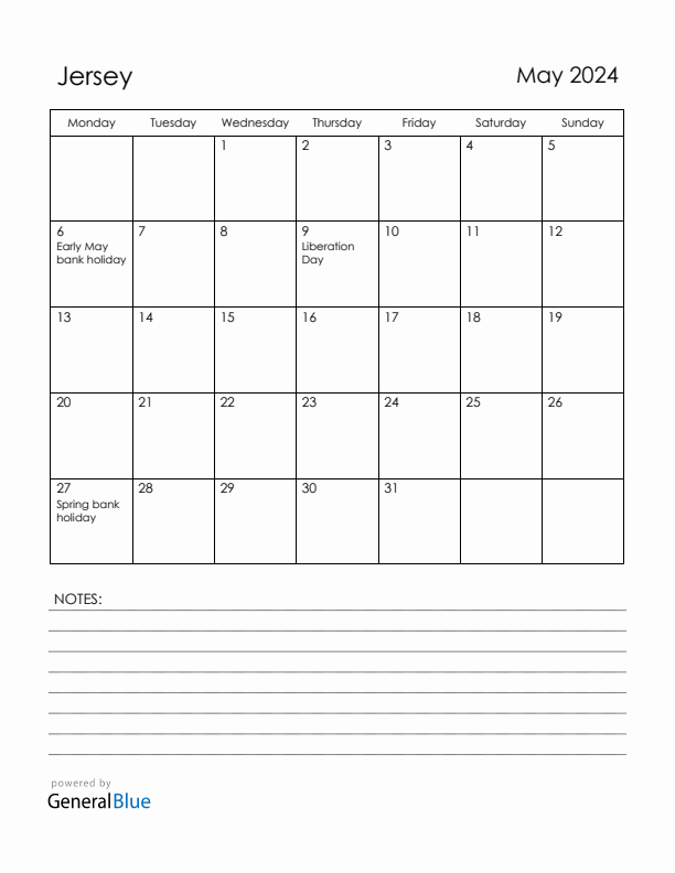 May 2024 Jersey Calendar with Holidays (Monday Start)