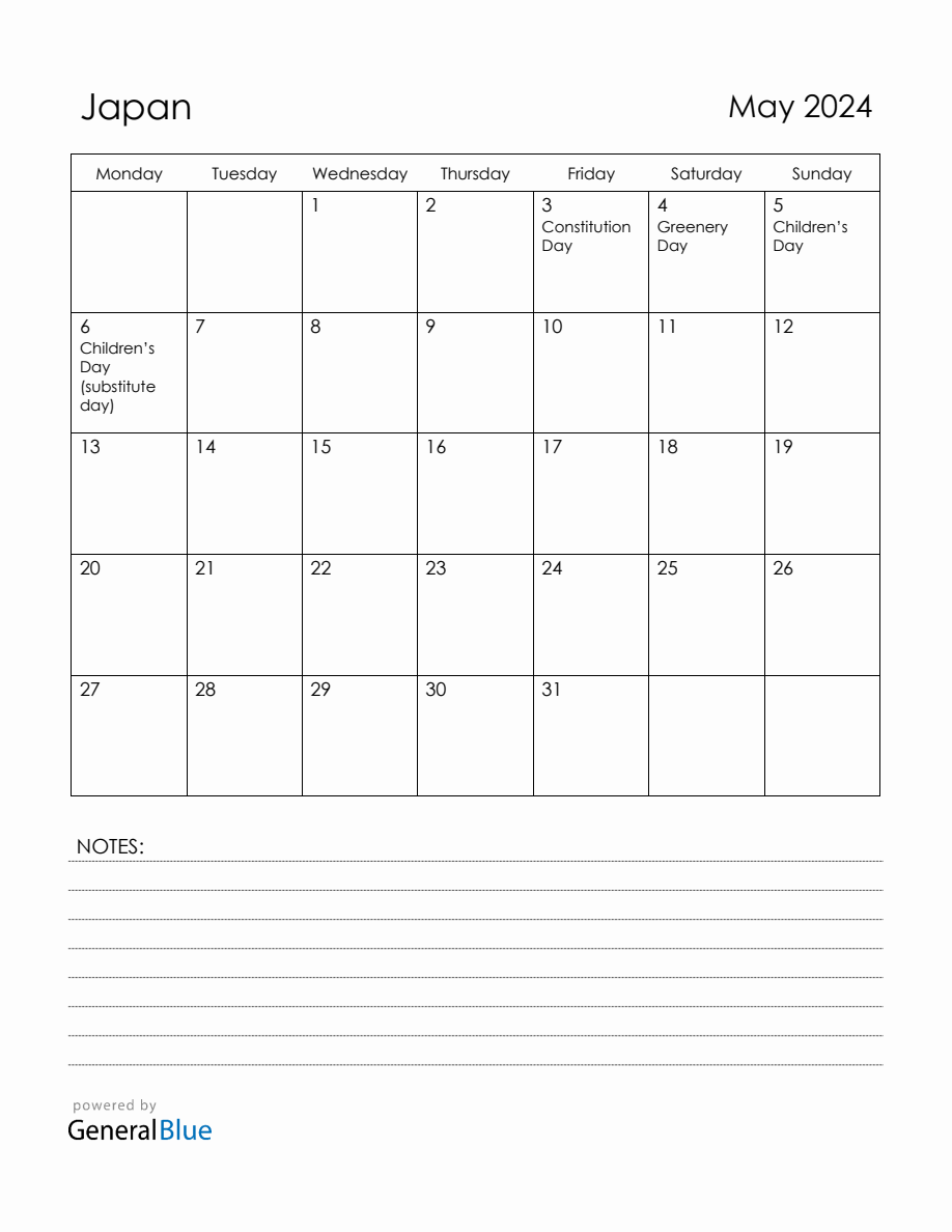 May 2024 Japan Calendar with Holidays