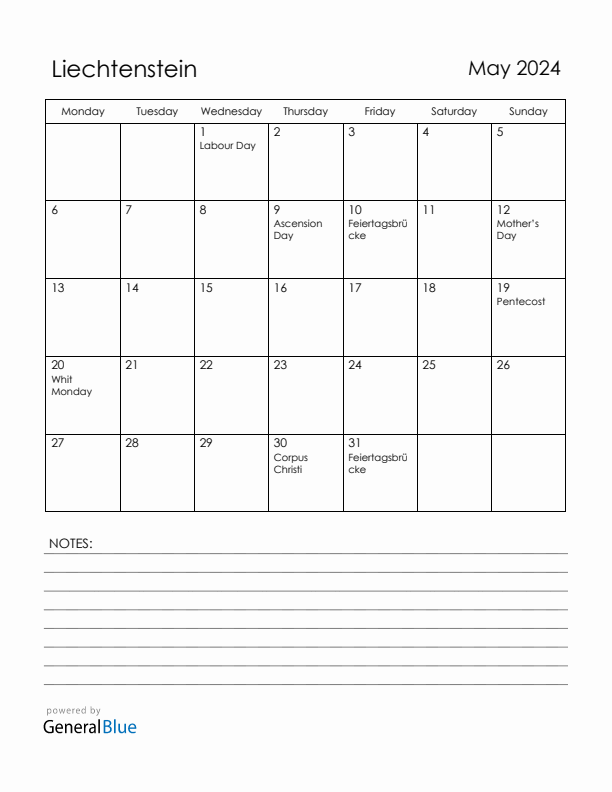 May 2024 Liechtenstein Calendar with Holidays (Monday Start)