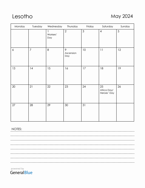 May 2024 Lesotho Calendar with Holidays (Monday Start)