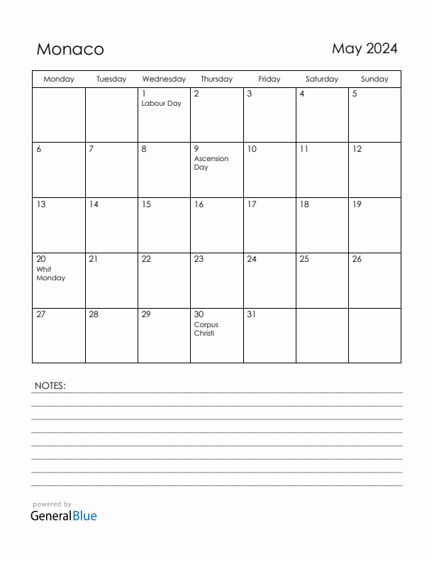 May 2024 Monaco Calendar with Holidays (Monday Start)