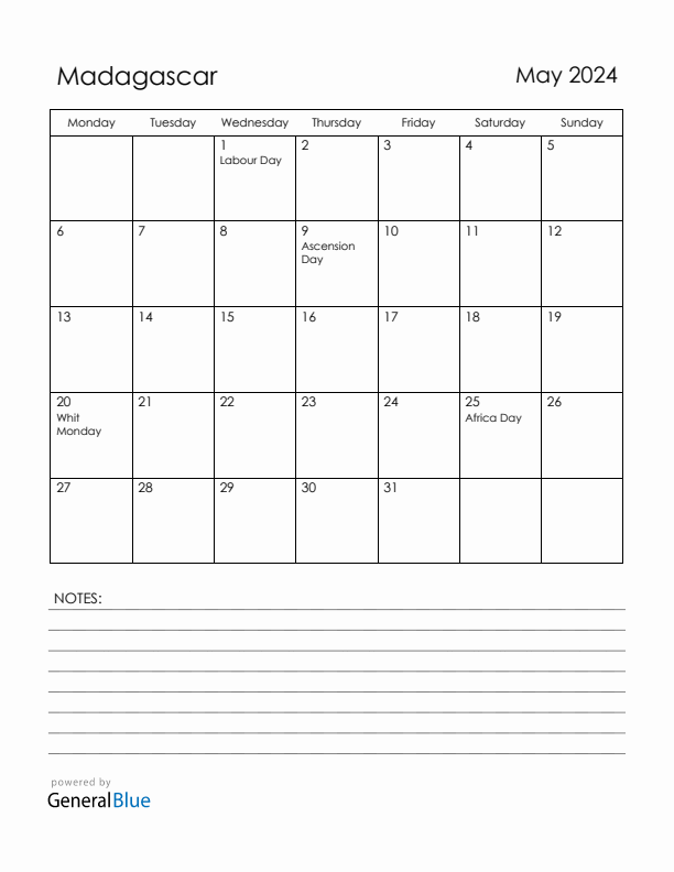 May 2024 Madagascar Calendar with Holidays (Monday Start)