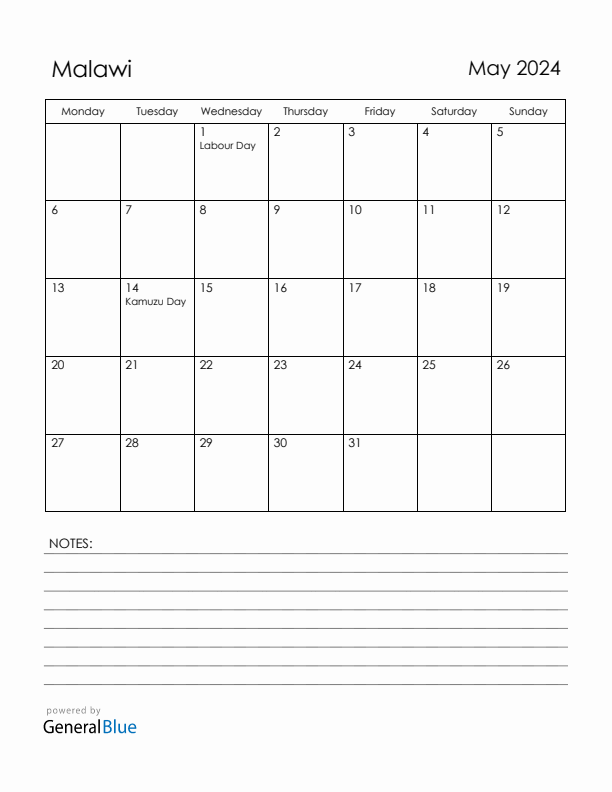 May 2024 Malawi Calendar with Holidays (Monday Start)