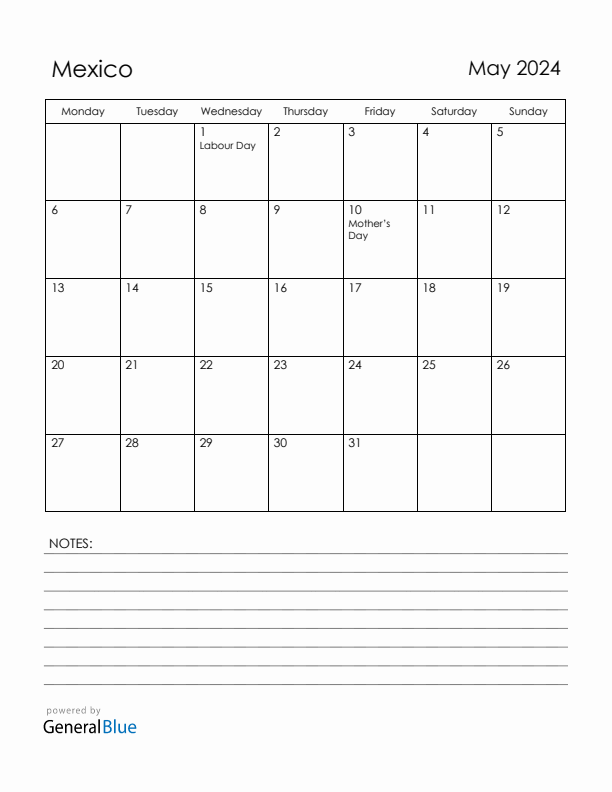 May 2024 Mexico Calendar with Holidays (Monday Start)