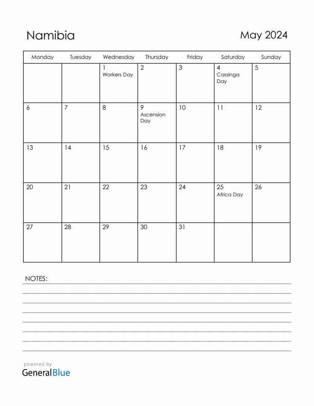 May 2024 Namibia Calendar with Holidays (Monday Start)