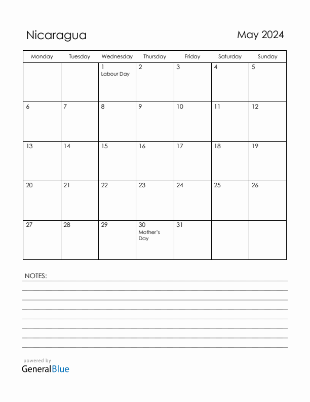 May 2024 Nicaragua Calendar with Holidays (Monday Start)