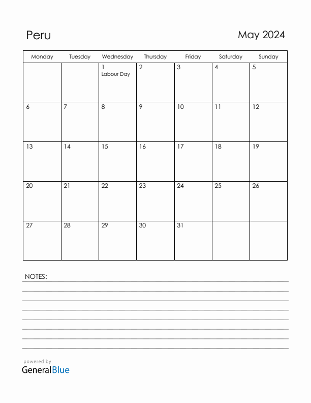 May 2024 Peru Calendar with Holidays (Monday Start)
