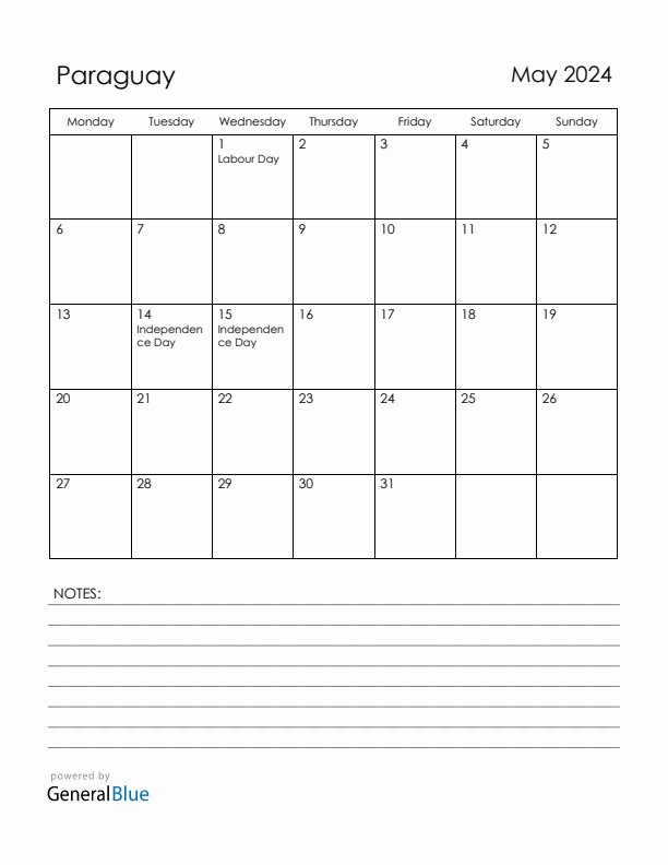 May 2024 Paraguay Calendar with Holidays (Monday Start)
