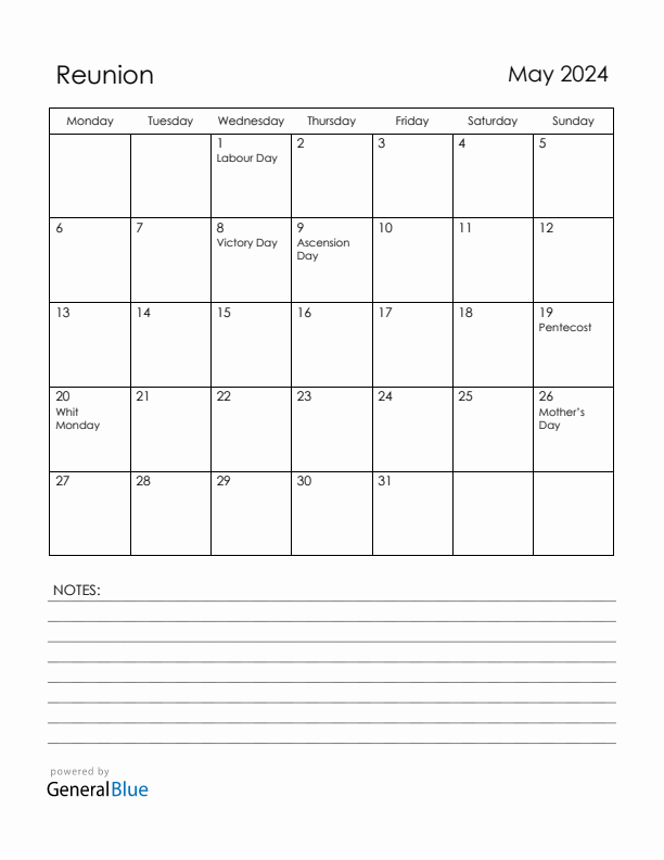 May 2024 Reunion Calendar with Holidays (Monday Start)