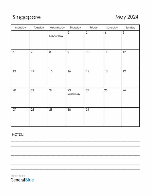 May 2024 Singapore Calendar with Holidays (Monday Start)
