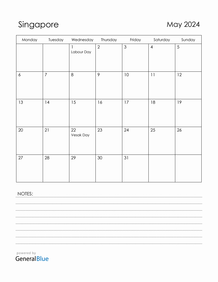 May 2024 Singapore Calendar with Holidays