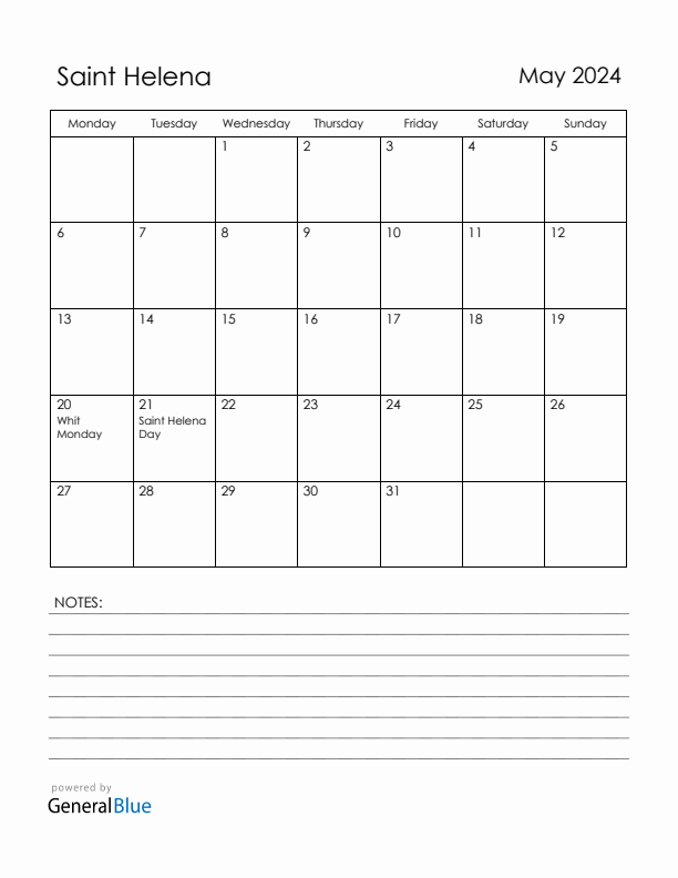 May 2024 Saint Helena Calendar with Holidays (Monday Start)