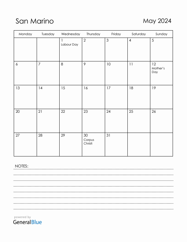 May 2024 San Marino Calendar with Holidays (Monday Start)